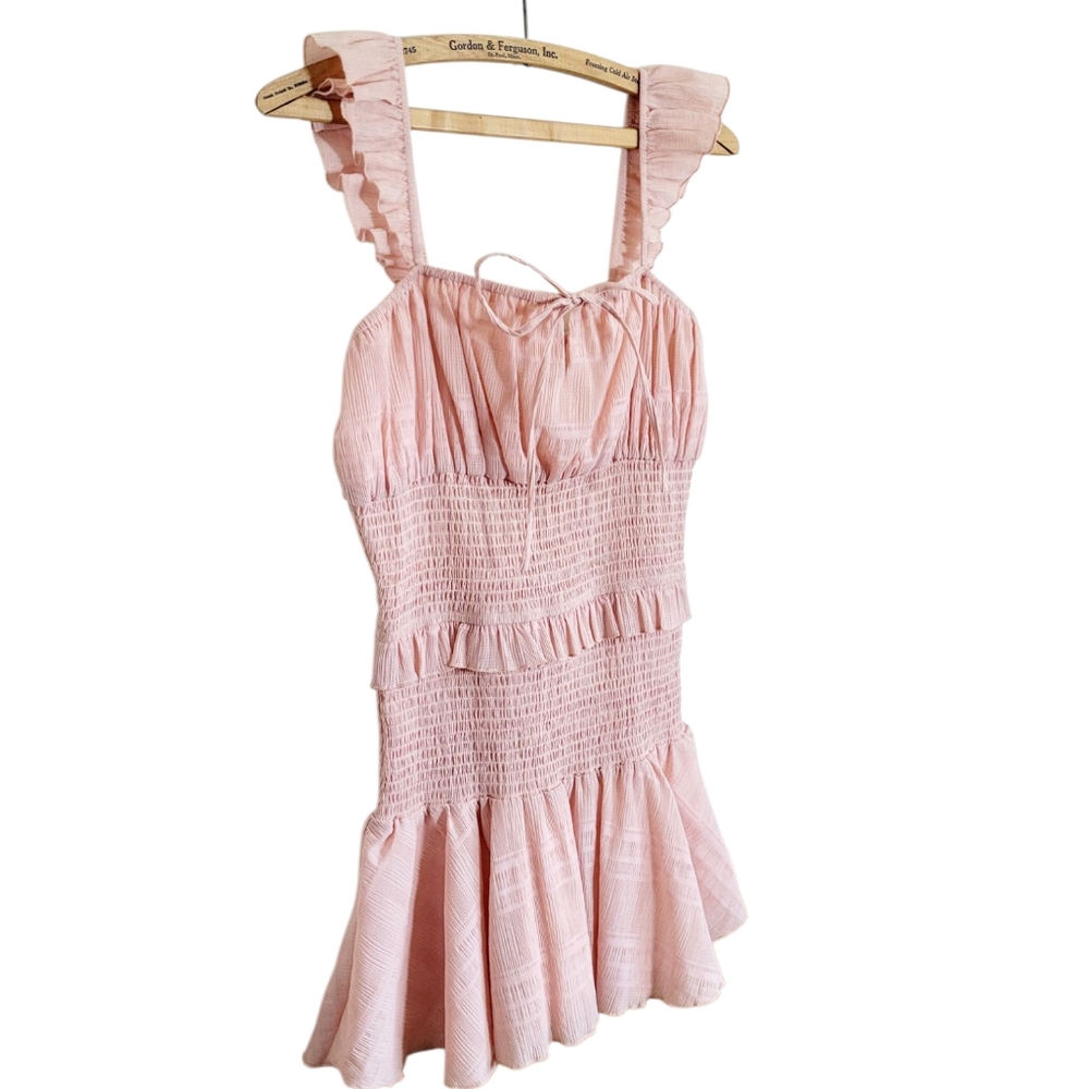 TULAROSA Janine Baby Pink Super Micro Mini Dress Smocked Ruffles M - Picture 5 of 10
